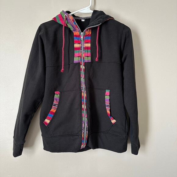Unisex Ethnic Hooded Nepal Jacket Ethnic Jacket Zip Front Black SMALL - Picture 2 of 10